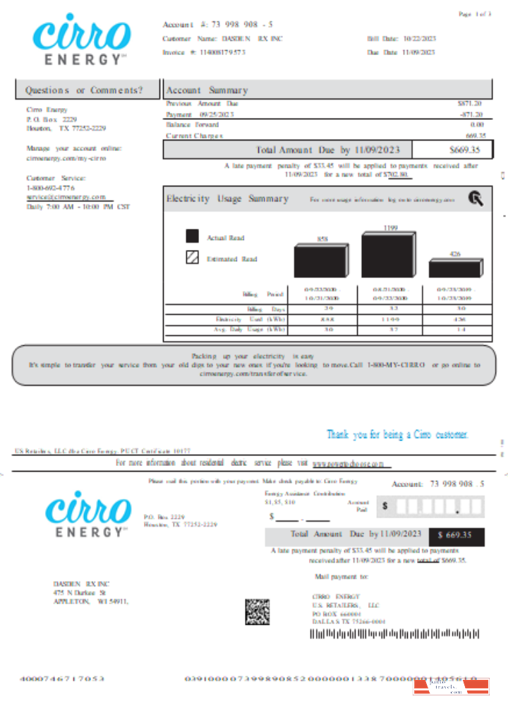 Texas Cirro Energy utility business bill, page 1 SCR PSD template
